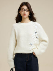 White Lazy Round Neck Alpaca Wool Sweater