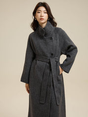 Stand-Up Collar Side Placket Tie Wool Coat