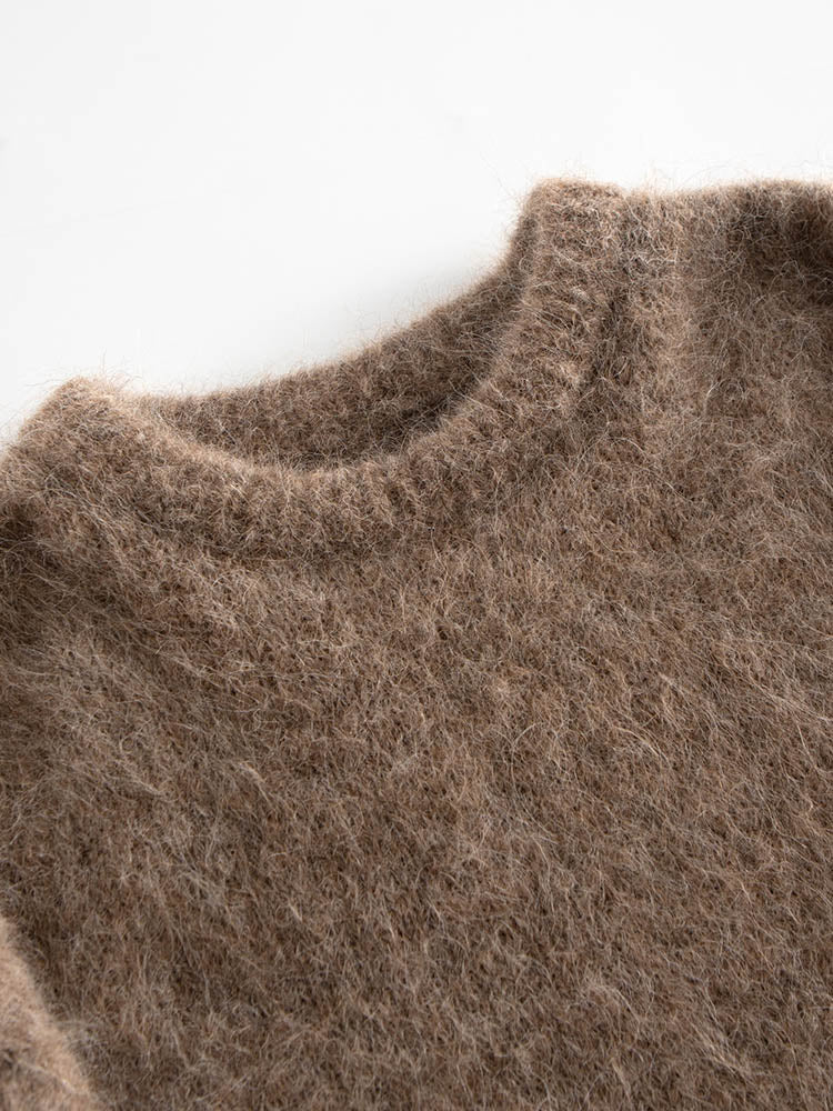 Brown Classic Round Neck Alpaca Wool Sweater