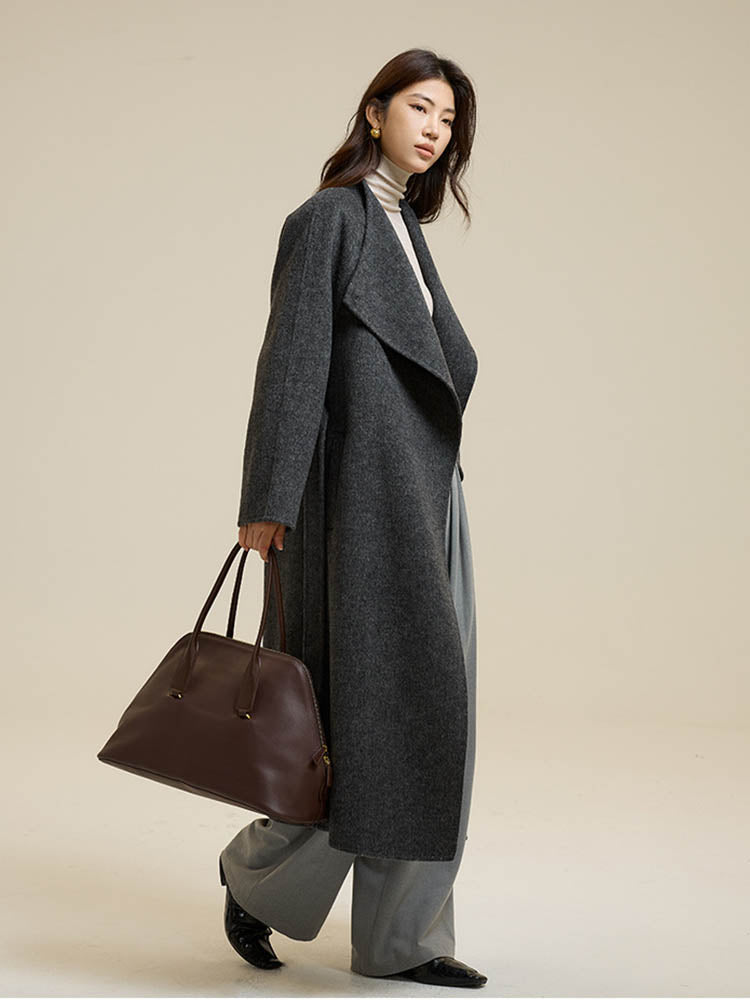 Partial Placket Single-Button Tie Wool Coat