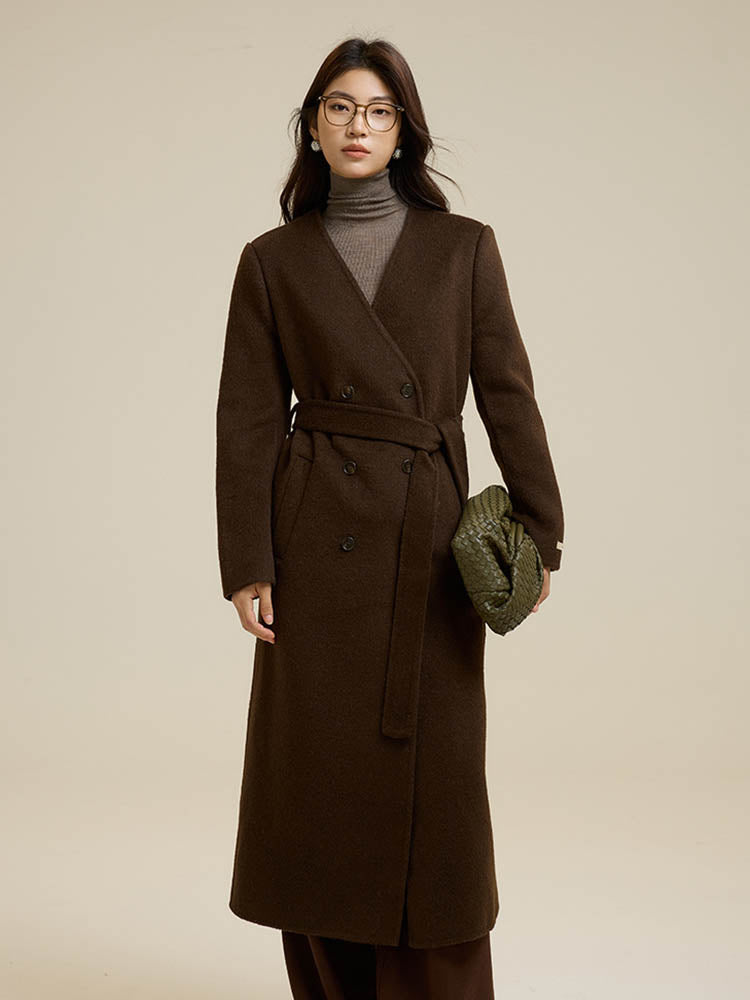 Brown Scarf-Style Long Wool Coat