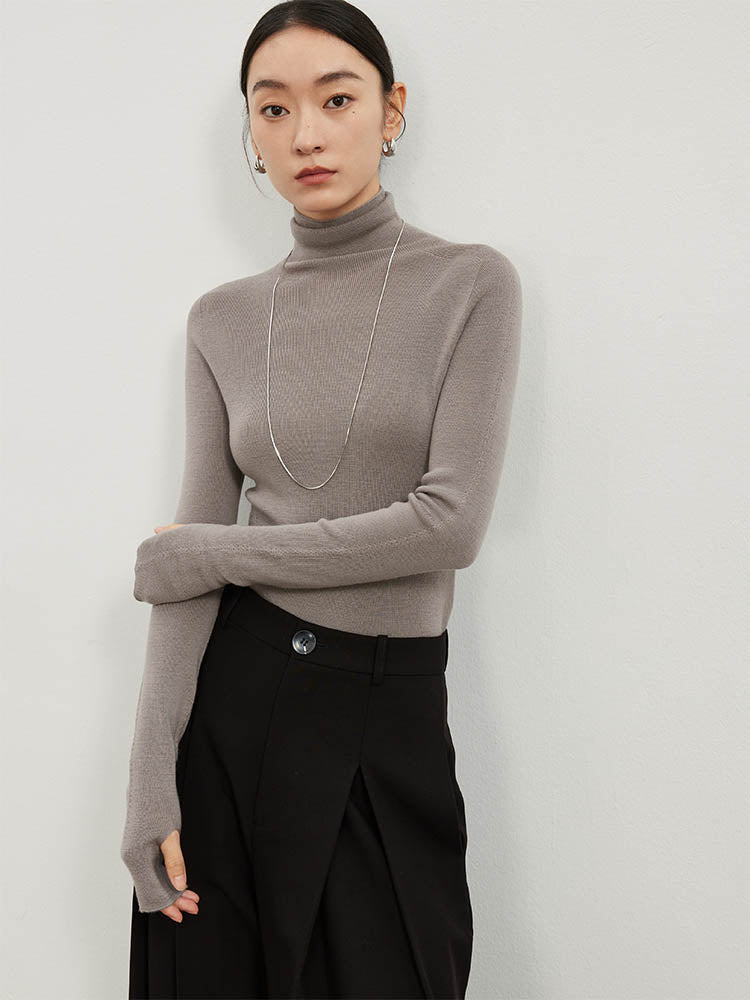 High Neck with Thumbhole Cuff Wool Sweater