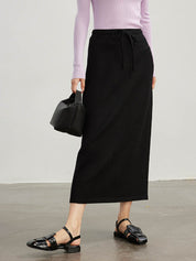 Drawstring Slit Straight Wool Skirt