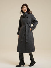 Stand-Up Collar Side Placket Tie Wool Coat