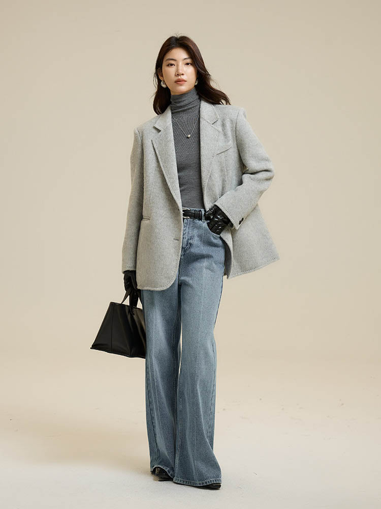 Grey Suit Collar Short Wool Coat