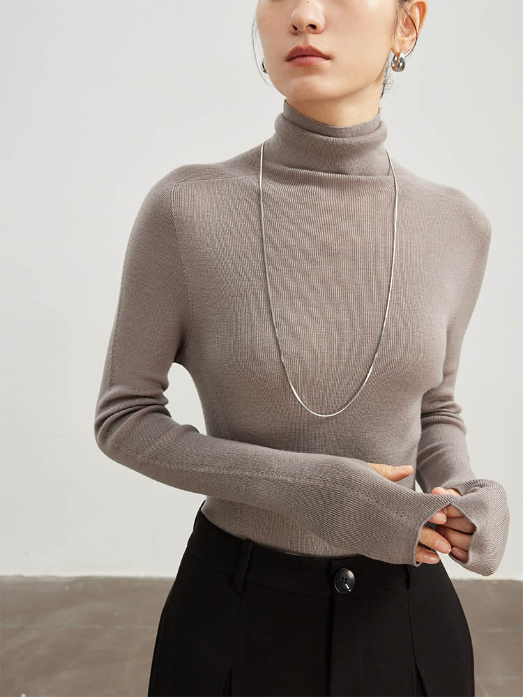 High Neck with Thumbhole Cuff Wool Sweater