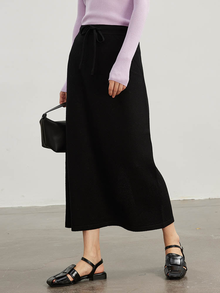 Drawstring Slit Straight Wool Skirt