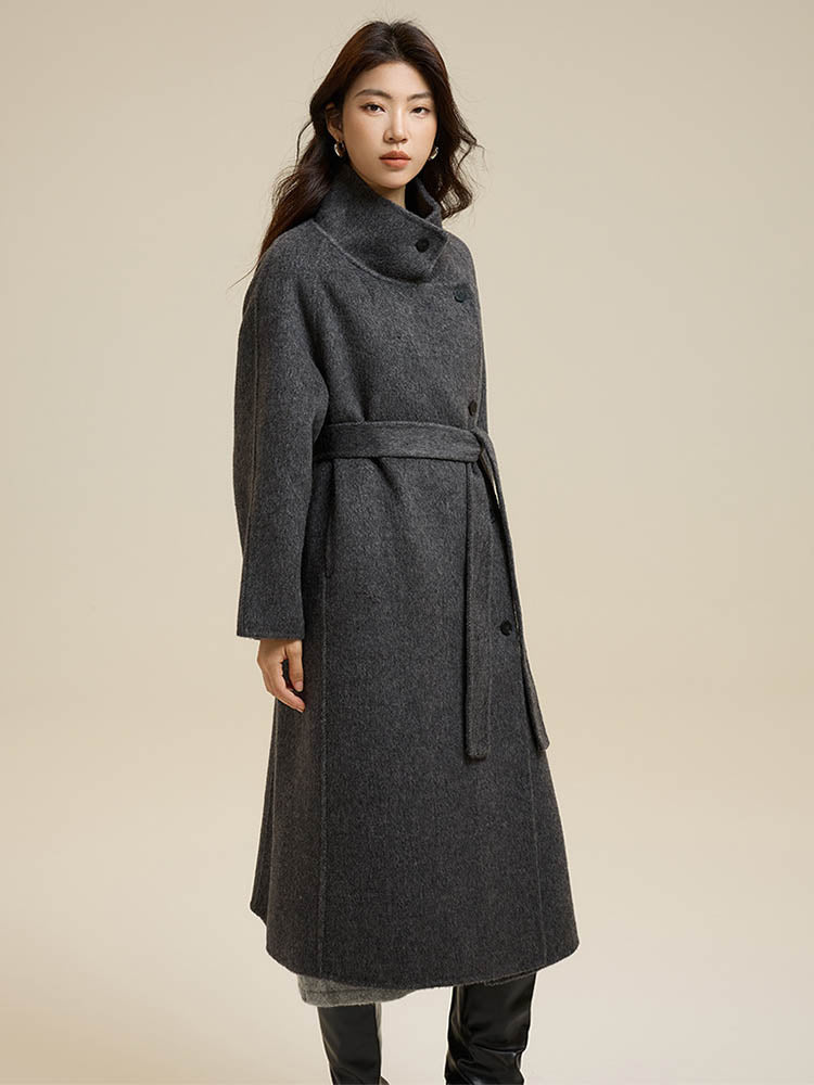 Stand-Up Collar Side Placket Tie Wool Coat