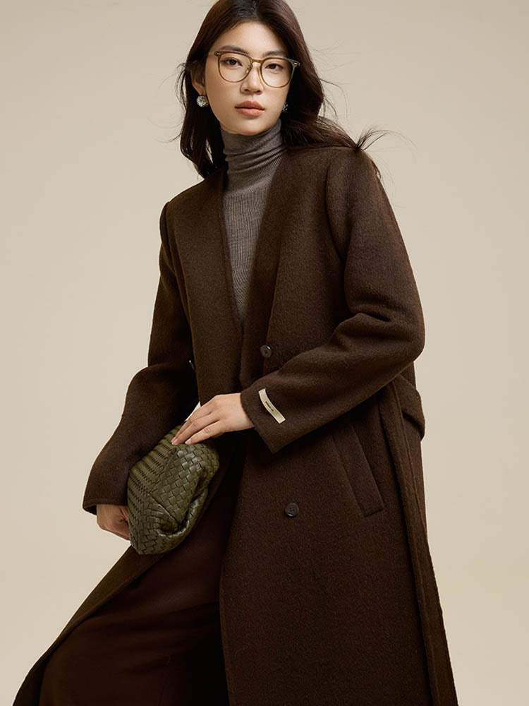 Brown Scarf-Style Long Wool Coat