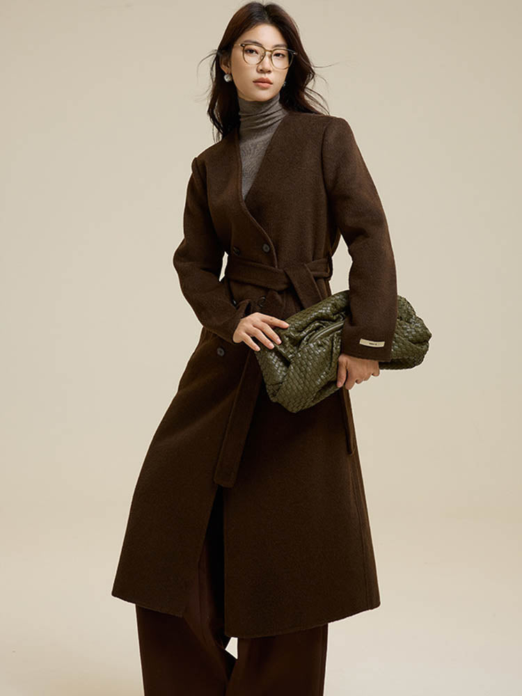 Brown Scarf-Style Long Wool Coat