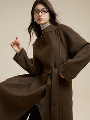 Partial Placket Single-Button Tie Wool Coat