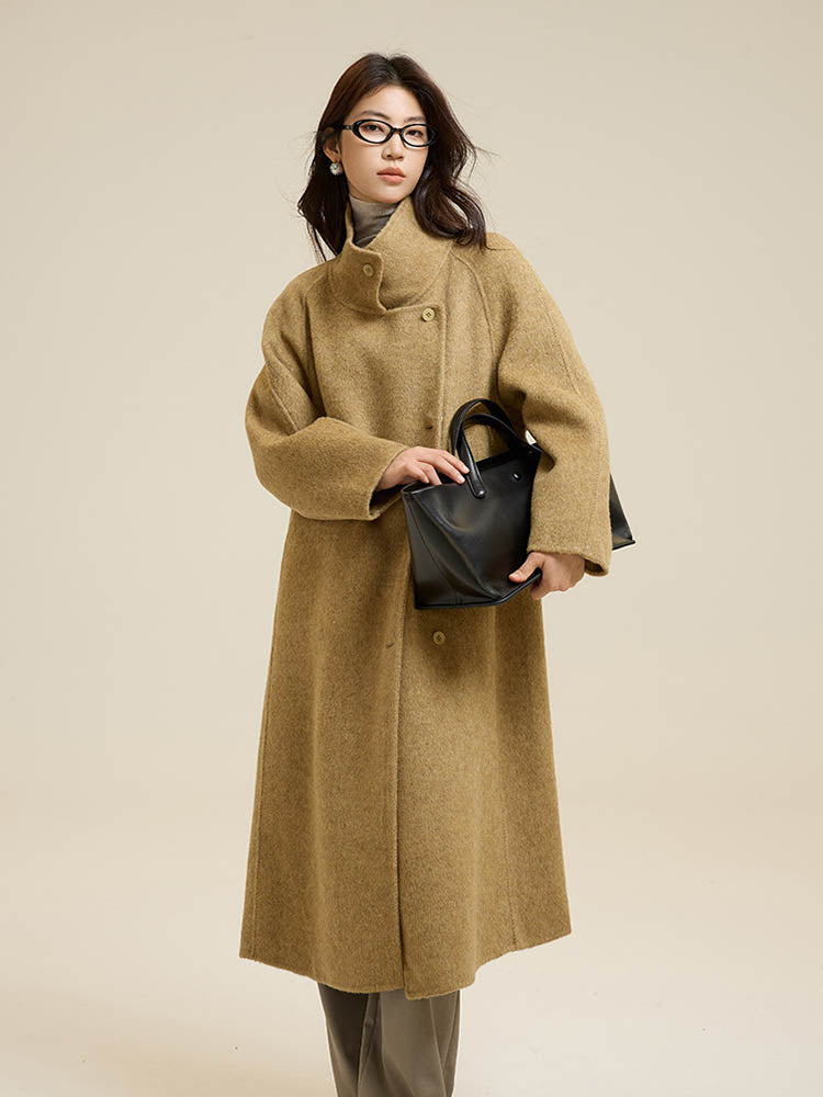 Stand-Up Collar Side Placket Tie Wool Coat