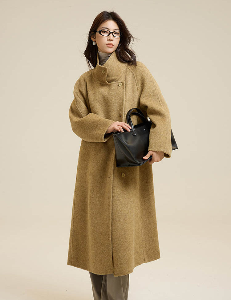 Stand-Up Collar Side Placket Tie Wool Coat