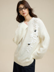 White Lazy Round Neck Alpaca Wool Sweater