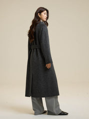 Partial Placket Single-Button Tie Wool Coat