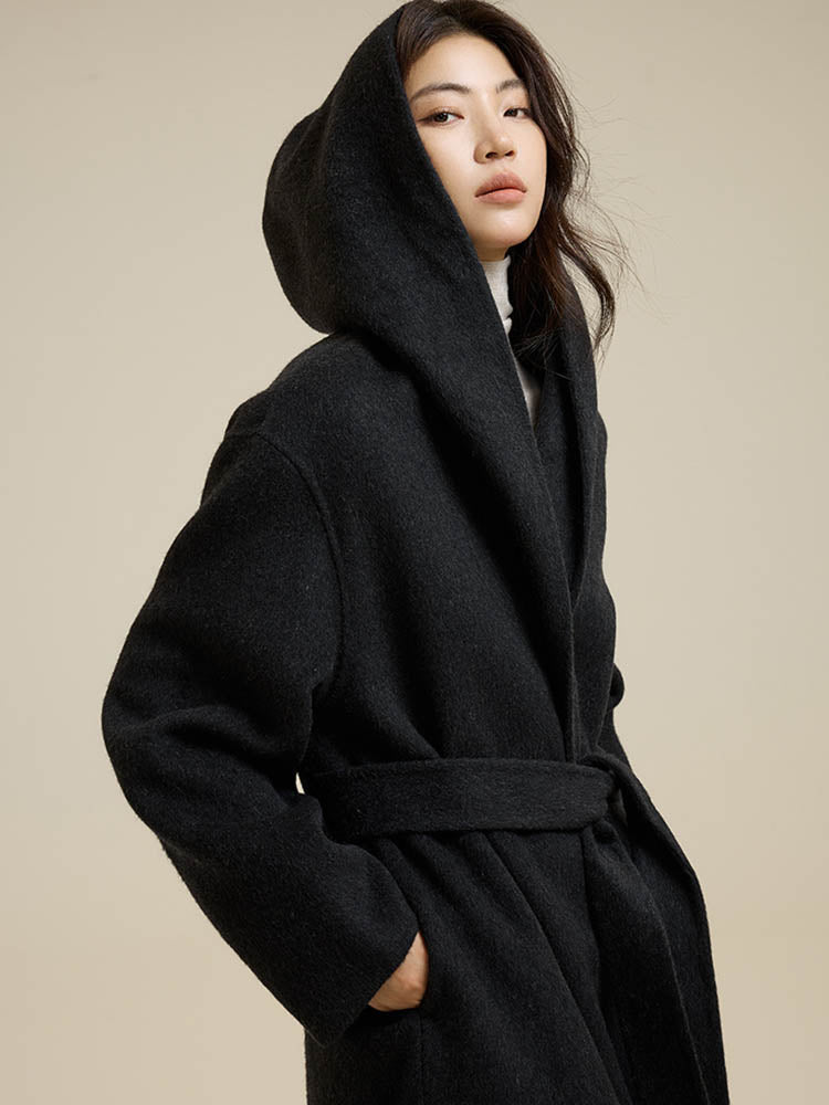 Classic Color Hooded Long Wool Coat