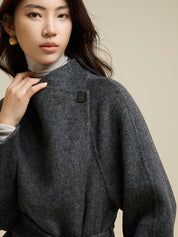 Partial Placket Single-Button Tie Wool Coat