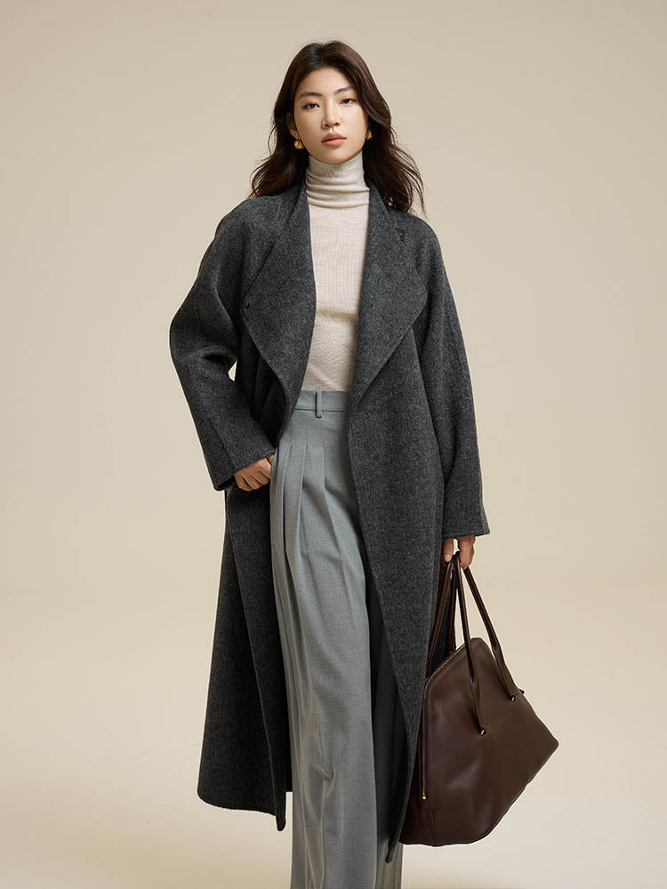 Partial Placket Single-Button Tie Wool Coat