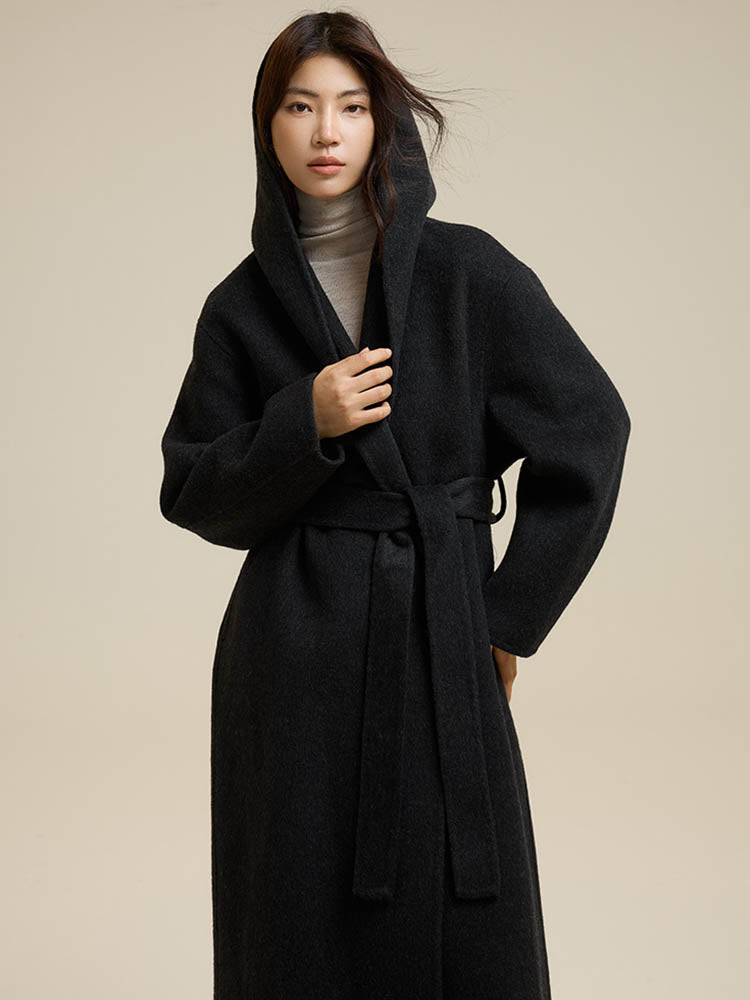 Classic Color Hooded Long Wool Coat