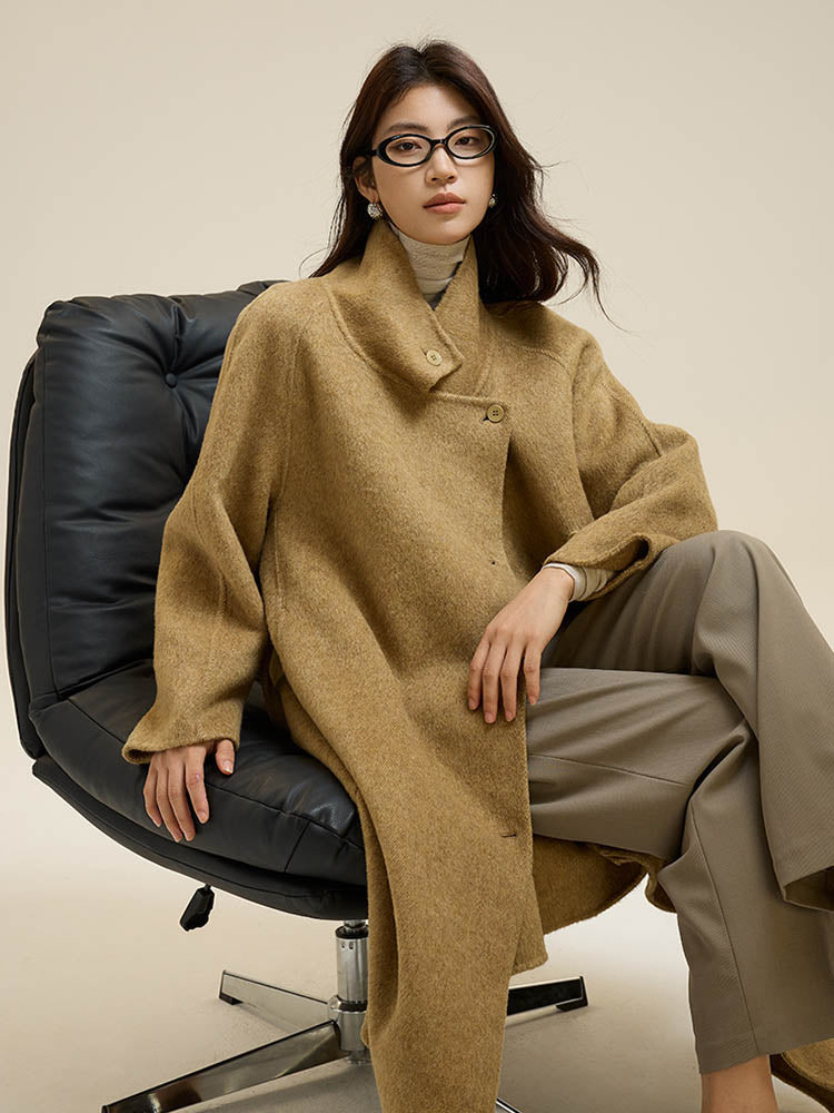 Stand-Up Collar Side Placket Tie Wool Coat