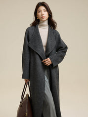 Partial Placket Single-Button Tie Wool Coat