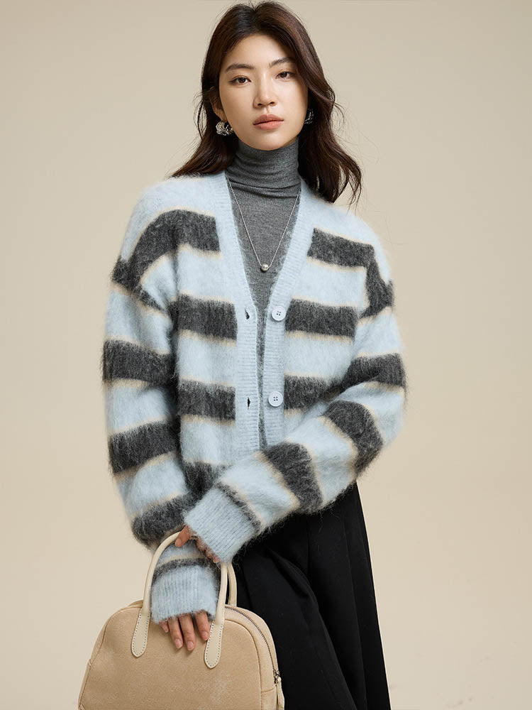 Striped V-Neck Single-Breasted Alpaca Sweater