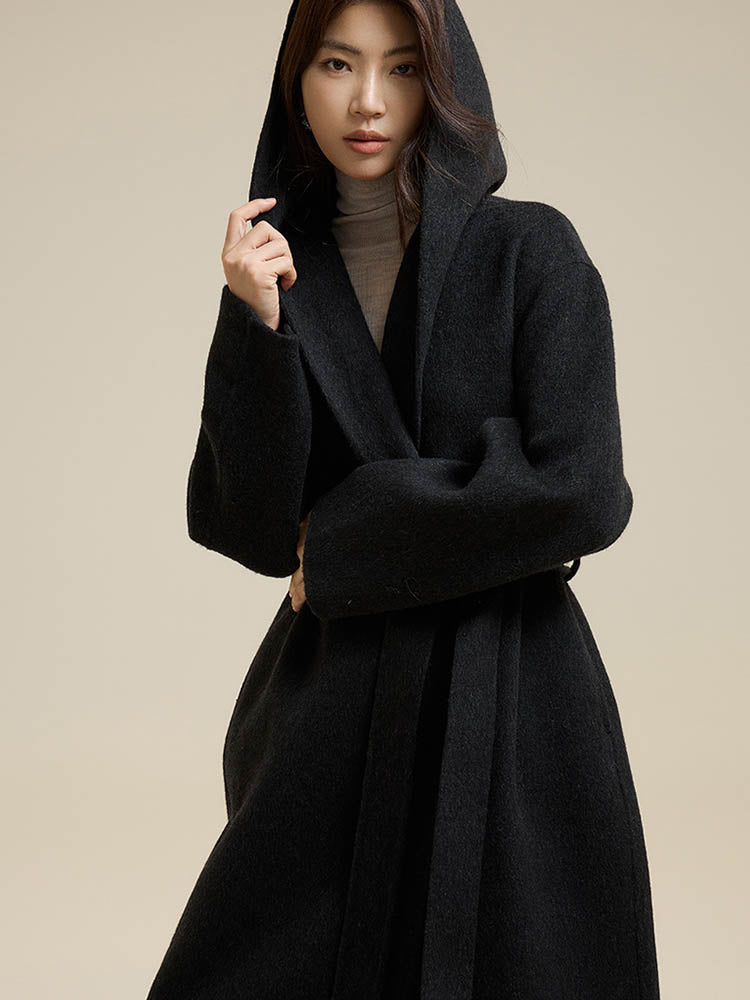 Classic Color Hooded Long Wool Coat