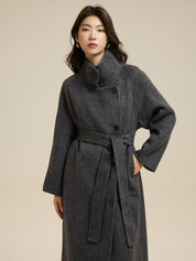 Stand-Up Collar Side Placket Tie Wool Coat