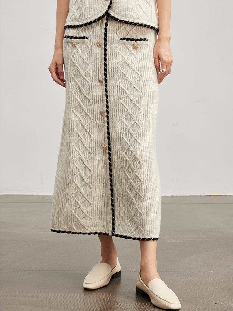 Contrast Color Straight Wool Skirt