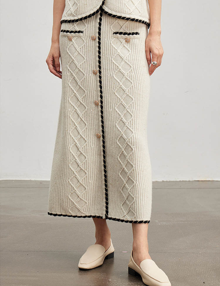 Contrast Color Straight Wool Skirt