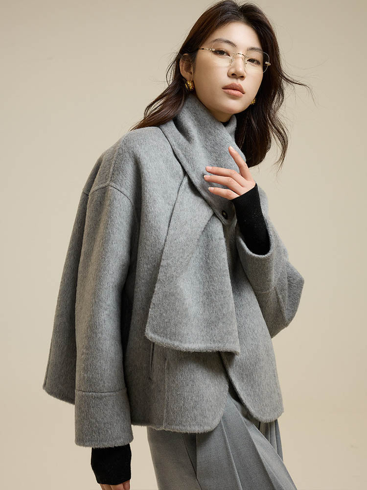 Gray Scarf Short Wool Coat