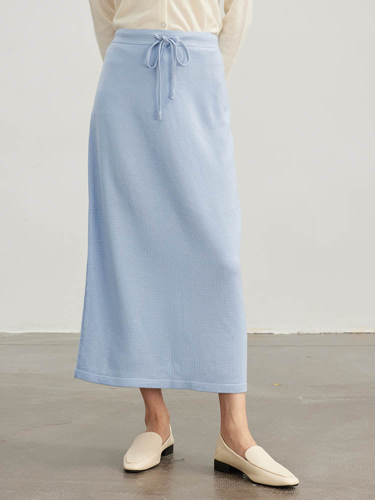 Drawstring Slit Straight Wool Skirt