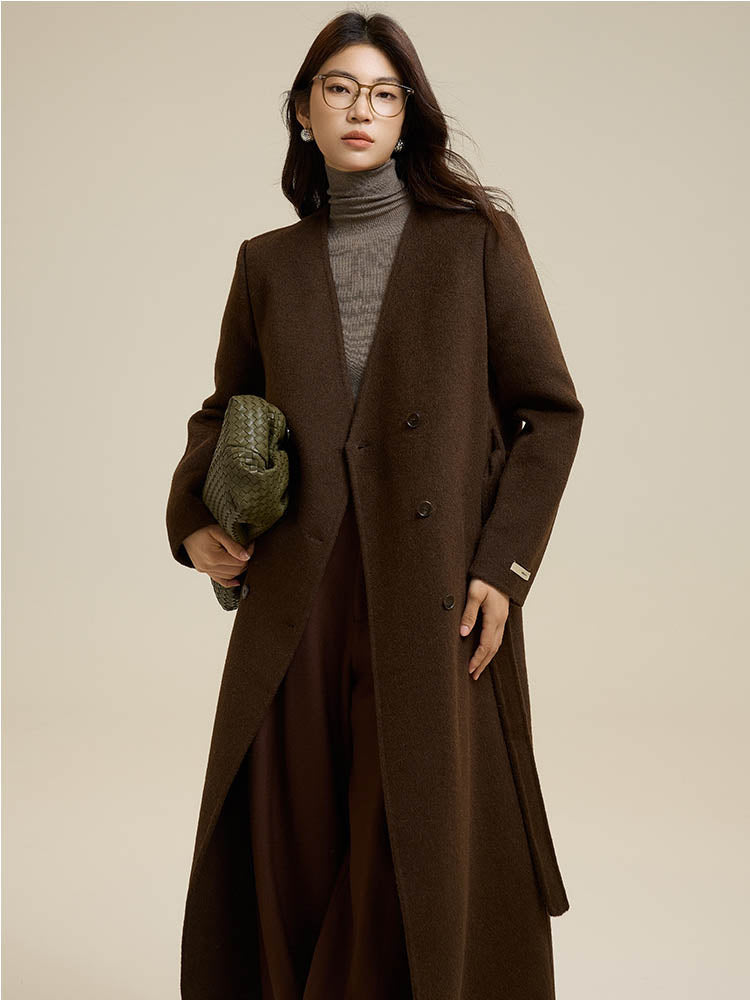 Brown Scarf-Style Long Wool Coat