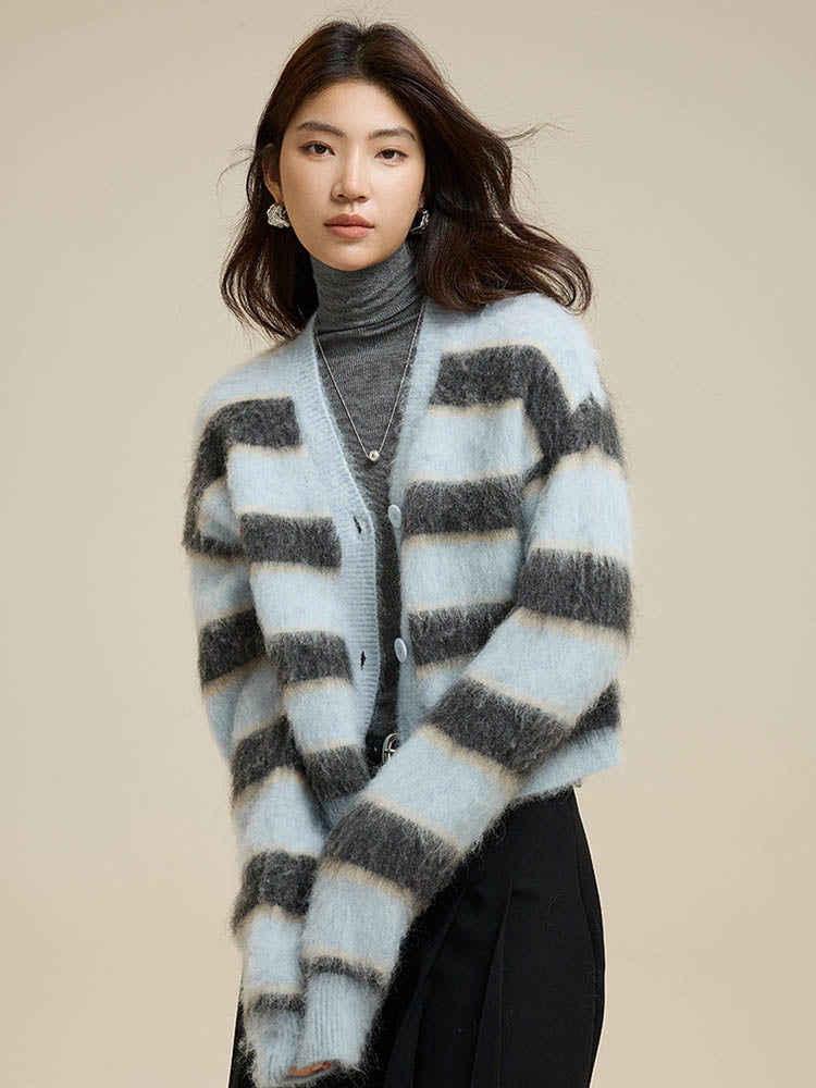 Striped V-Neck Single-Breasted Alpaca Sweater