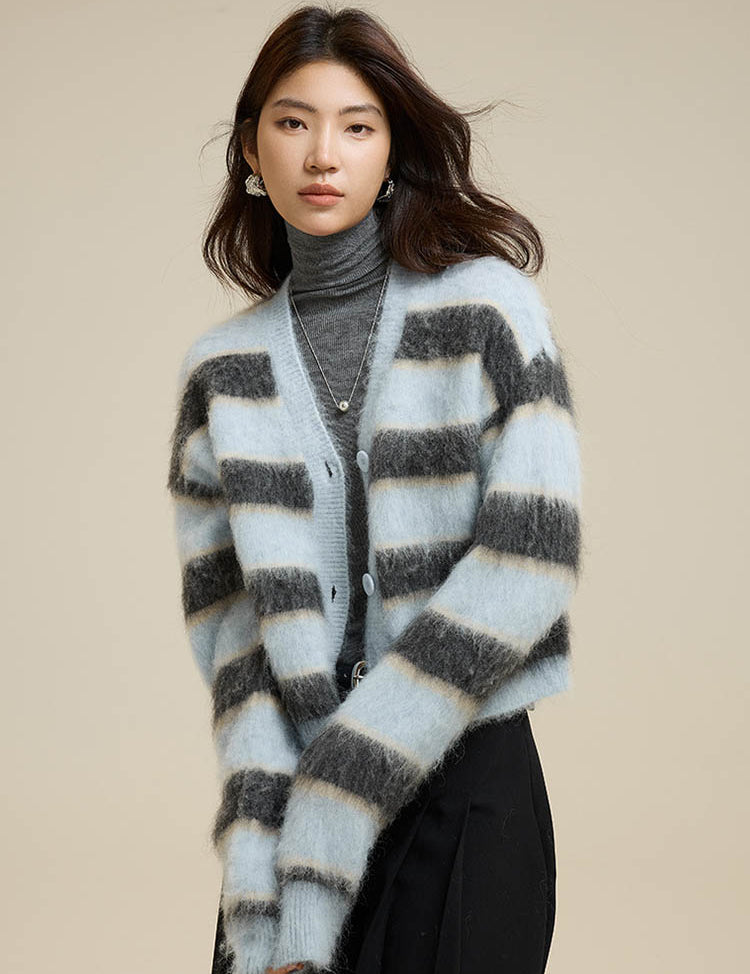 Striped V-Neck Single-Breasted Alpaca Sweater