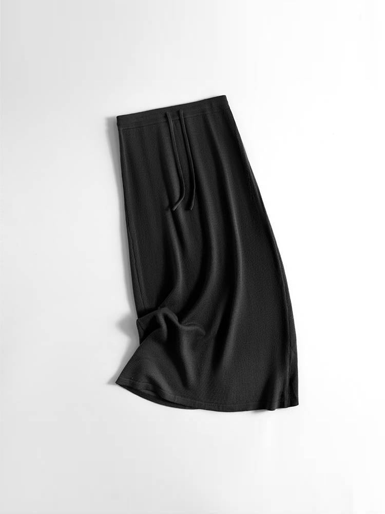 Drawstring Slit Straight Wool Skirt