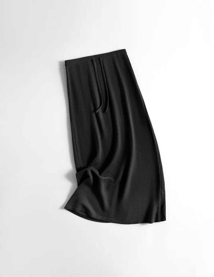 Drawstring Slit Straight Wool Skirt