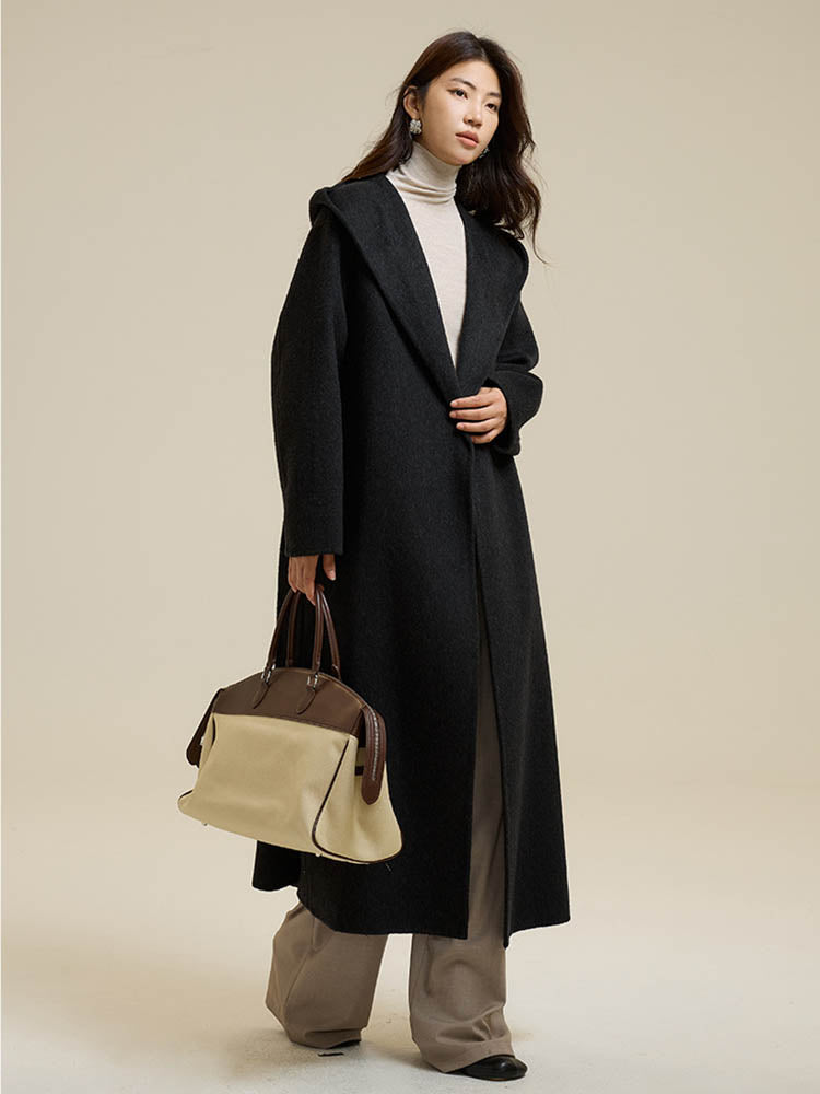 Classic Color Hooded Long Wool Coat