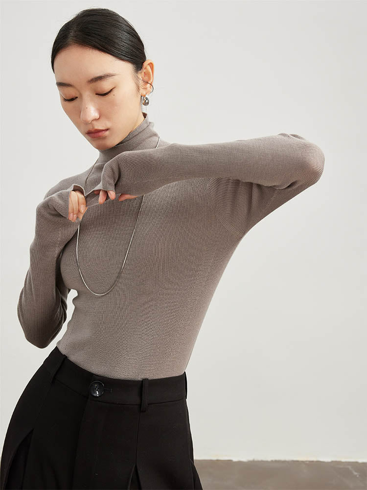 High Neck with Thumbhole Cuff Wool Sweater