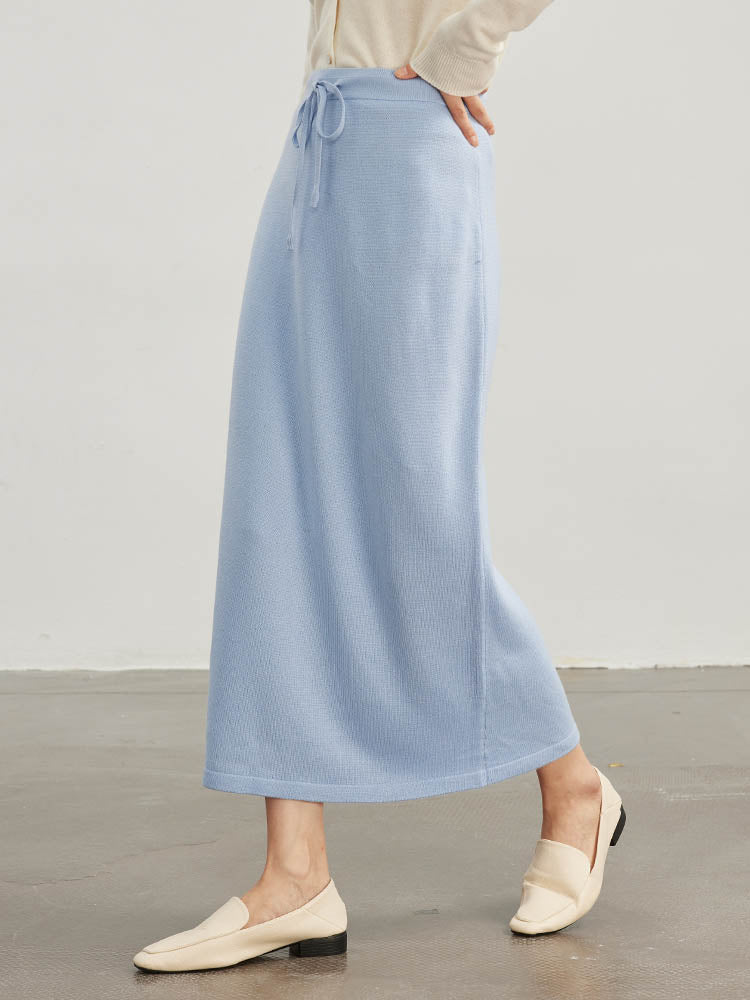 Drawstring Slit Straight Wool Skirt