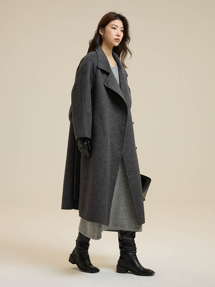 Stand-Up Collar Side Placket Tie Wool Coat