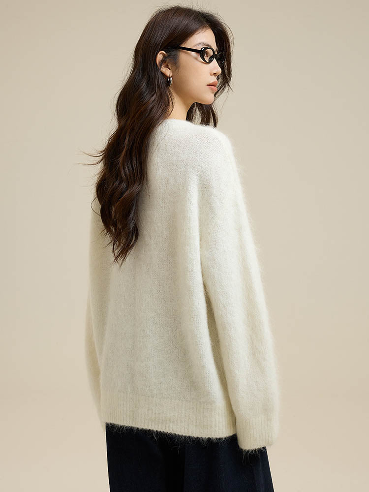 White Lazy Round Neck Alpaca Wool Sweater