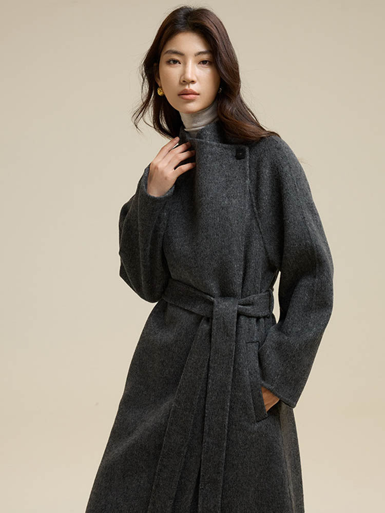 Partial Placket Single-Button Tie Wool Coat