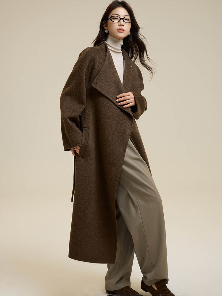 Partial Placket Single-Button Tie Wool Coat