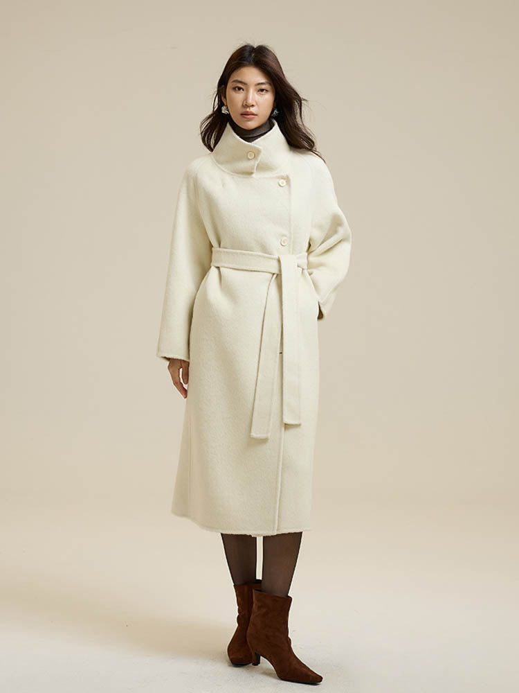 Stand-Up Collar Side Placket Tie Wool Coat