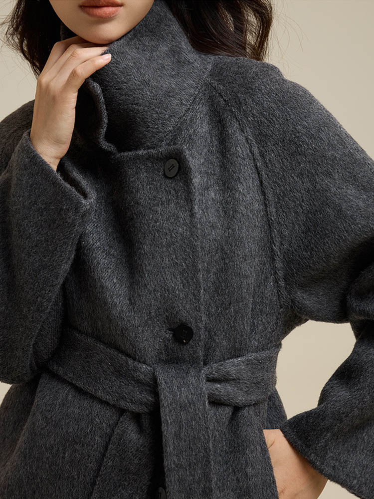 Stand-Up Collar Side Placket Tie Wool Coat