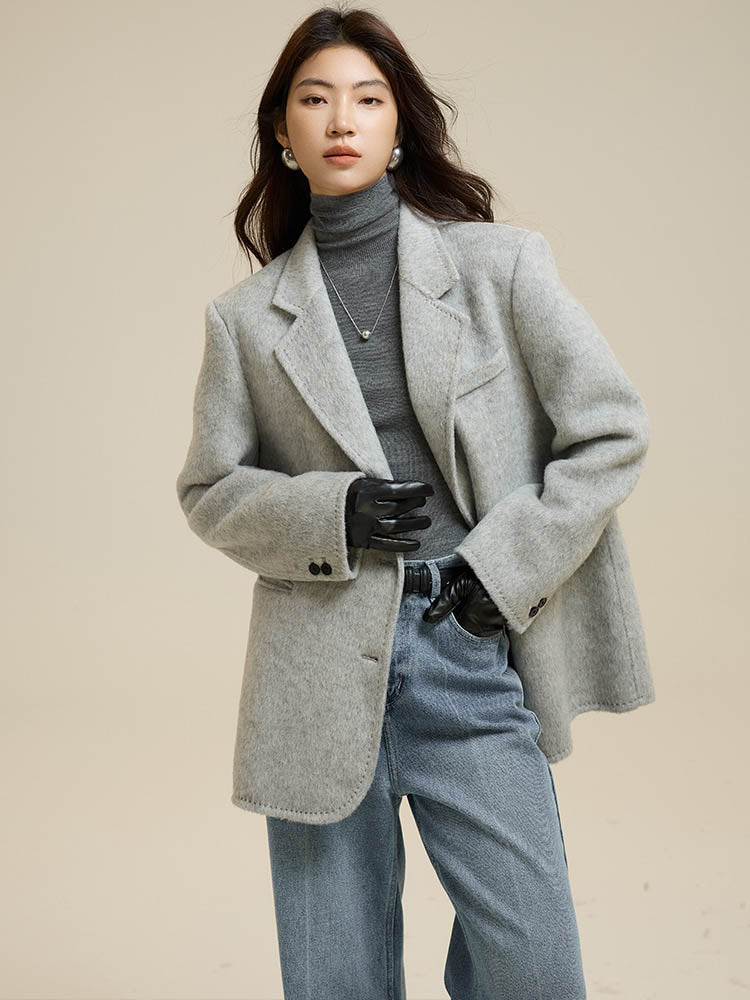 Grey Suit Collar Short Wool Coat