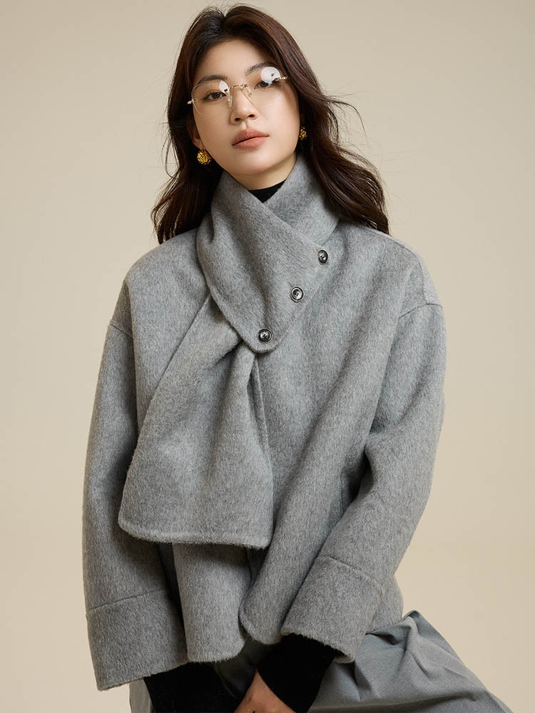 Gray Scarf Short Wool Coat