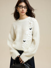 White Lazy Round Neck Alpaca Wool Sweater